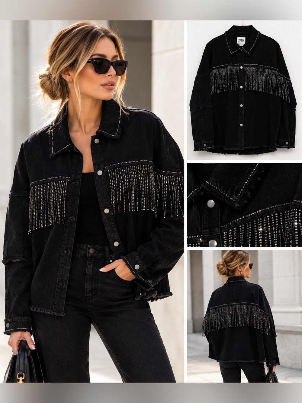 Zara Black Fringed Denim Jacket Snap Front Western Jacket Women's Size M